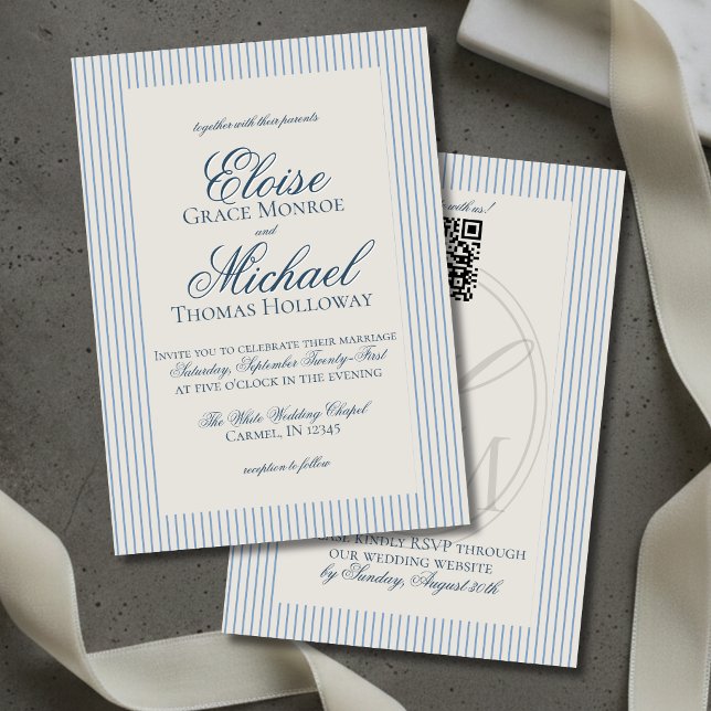 Elegant Old Money Script Blue Stripe Wedding Invitation (Elegant Old Money Script Blue Stripe Wedding Invitation)