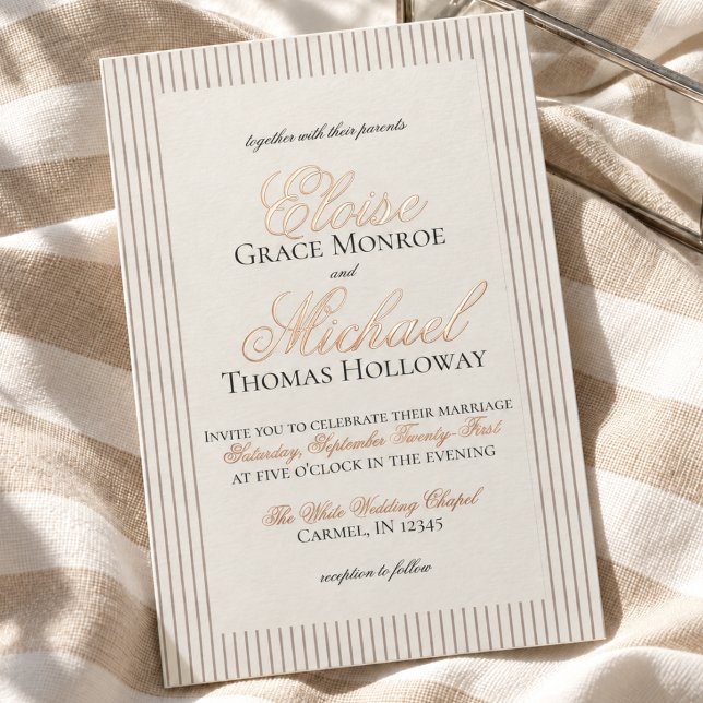 Elegant Old Money Script Neutral Stripe Wedding (Elegant Old Money Script Neutral Stripe Wedding Foil Invitation)