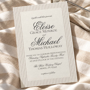 Elegant Old Money Script Neutral Stripe Wedding Invitation