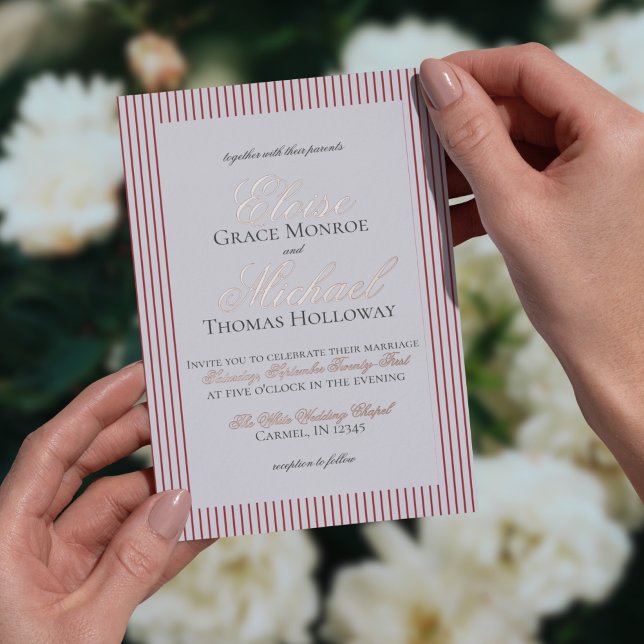 Elegant Old Money Script Red Stripe Wedding (Formally invite guests to your big day with this Elegant Old Money Script Thin Stripe Foil Card!)