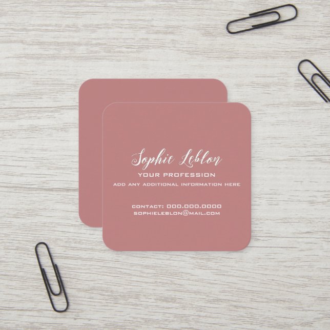 Elegant Old-Rose Square Card with Script Name (Front/Back In Situ)