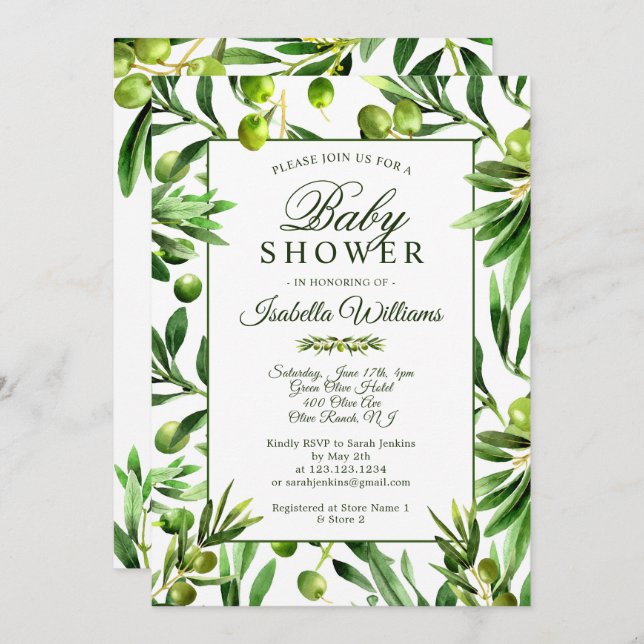 Elegant Olive Boho Garden Baby Shower Invitation (Front/Back)