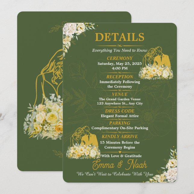 Elegant Olive Botanical Engagement Details Card (Front/Back)