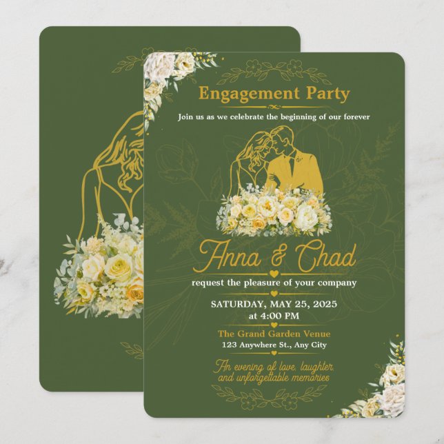 Elegant Olive Botanical Engagement Invitation (Front/Back)
