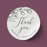 Elegant olive. Botanical Italian wedding thank you Classic Round Sticker<br><div class="desc">Black and white delicate Italian botanical Thank you Sticker with elegant script and olive branch for Wedding / Engagement party / Rehearsal dinner.</div>