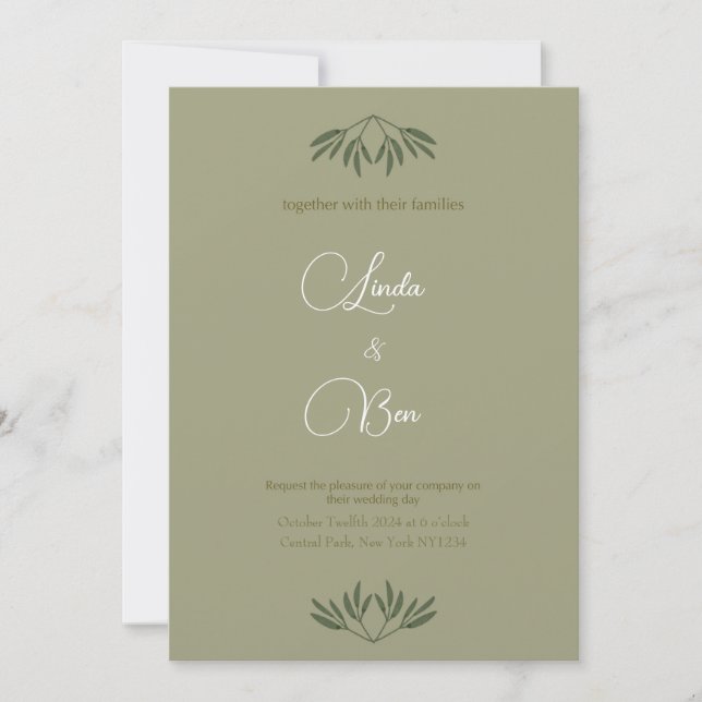 Elegant olive branch in sage colour wedding invitation (Front)