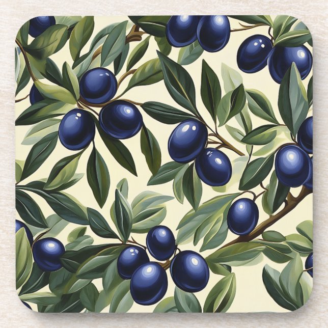 Elegant Olive Branch Pattern with Deep Blue Olives Coaster (Front)