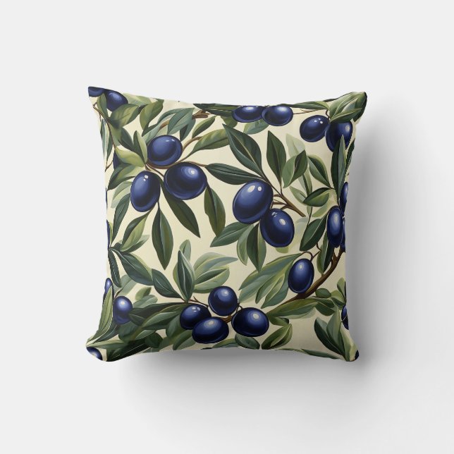 Elegant Olive Branch Pattern with Deep Blue Olives Cushion (Front)