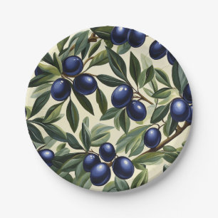 Elegant Olive Branch Pattern with Deep Blue Olives Paper Plate