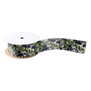 Elegant Olive Branch Pattern with Deep Blue Olives Satin Ribbon