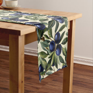 Elegant Olive Branch Pattern with Deep Blue Olives Short Table Runner