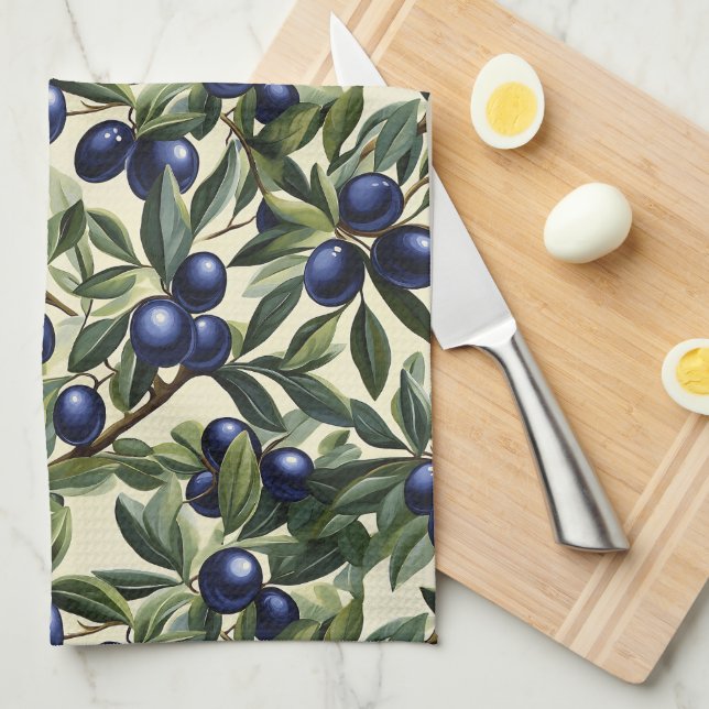 Elegant Olive Branch Pattern with Deep Blue Olives Tea Towel (Quarter Fold)