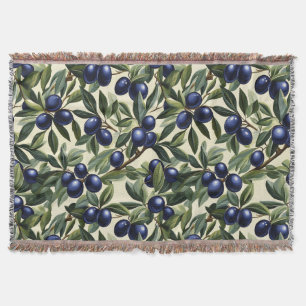 Elegant Olive Branch Pattern with Deep Blue Olives Throw Blanket