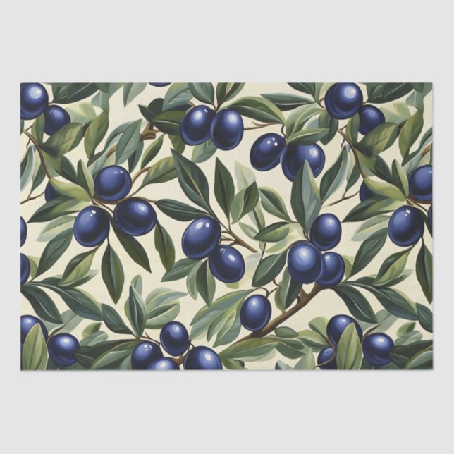 Elegant Olive Branch Pattern with Deep Blue Olives Tissue Paper (Front)
