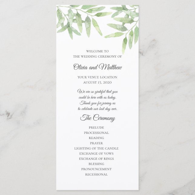 Elegant Olive Branch. Simple Wedding Program Menu (Front)