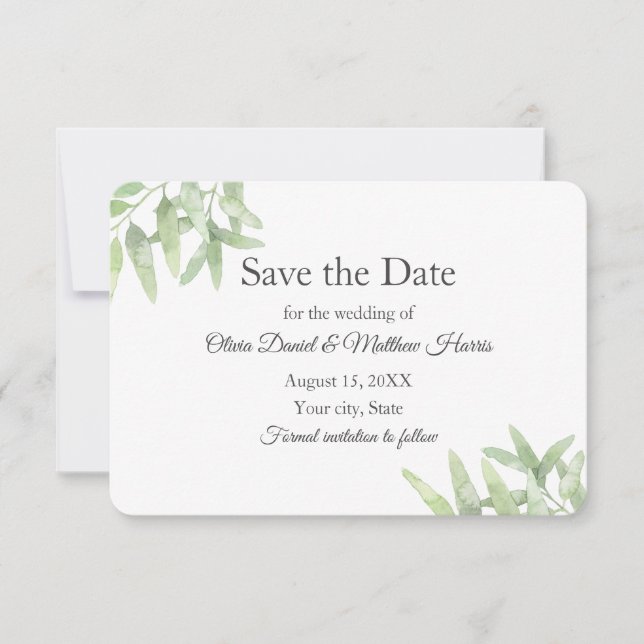 Elegant Olive Branch. Simple wedding Save the Date RSVP Card (Front)
