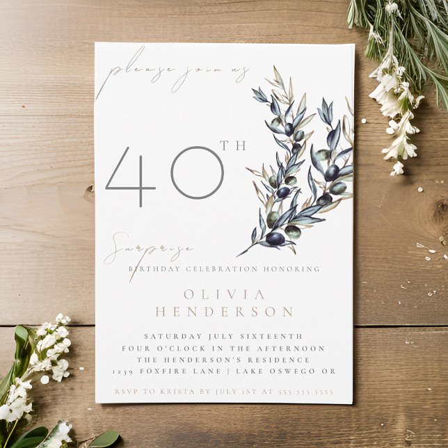 Elegant Olive Branch Surprise Birthday Invitation (Creator Uploaded)