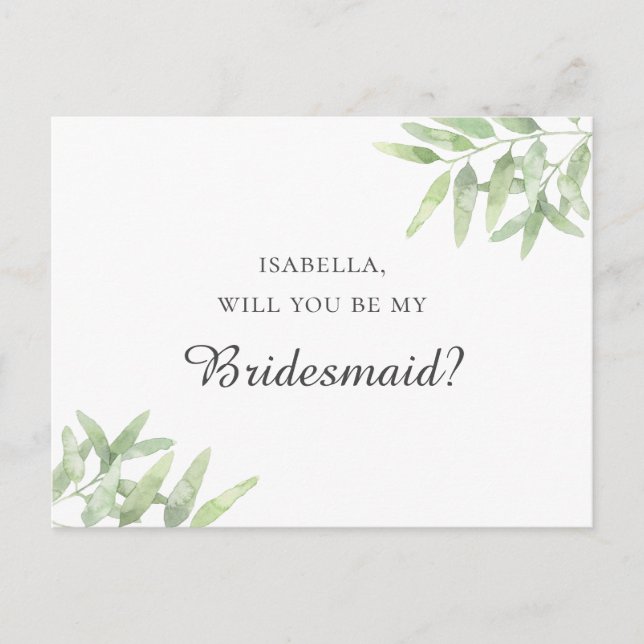 Elegant Olive Branch. Will you be my bridesmaid Postcard (Front)
