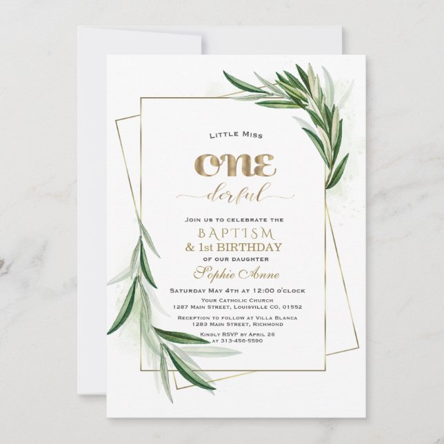 Elegant Olive Branches First Birthday & Baptism Invitation (Front)