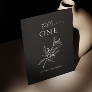 Elegant olive. Delicate black Italian wedding Table Number
