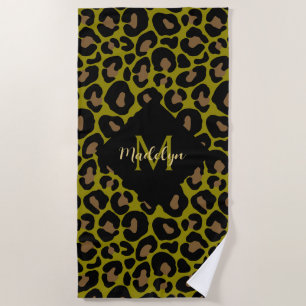 Elegant olive green and black leopard Monogrammed Beach Towel