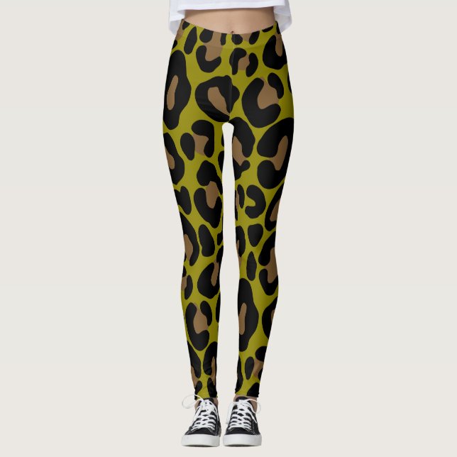 Elegant olive green and black leopard Print Leggings (Front)