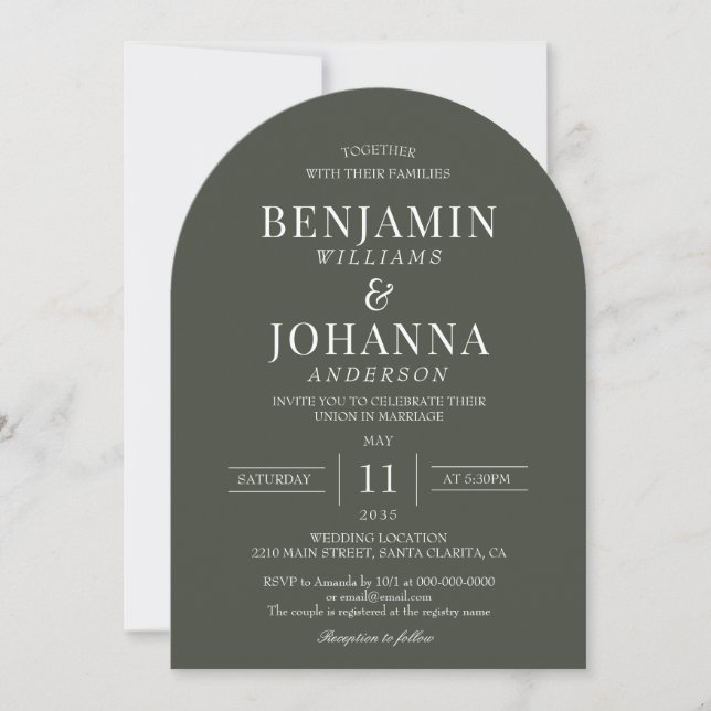 Elegant Olive Green Arch Wedding Invitation (Front)