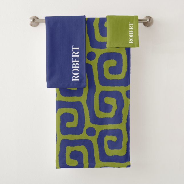 Elegant Olive Green &blue Abstract Custom Name Bath Towel Set (Insitu)