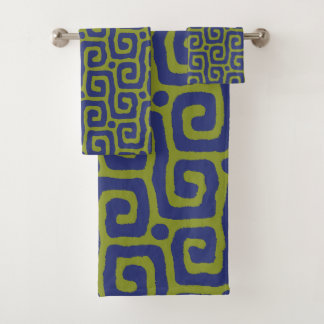 Elegant Olive Green &blue Abstract Pattern Bath Towel Set