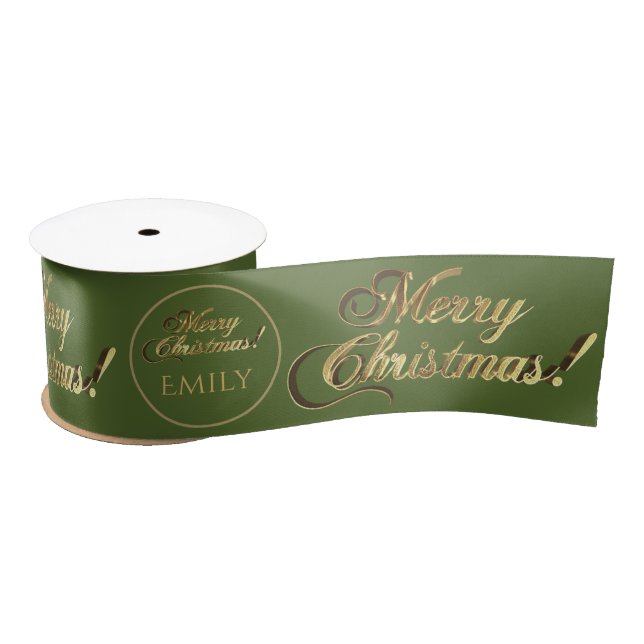 Elegant Olive Green Gold Add To or From Christmas Satin Ribbon (Spool)