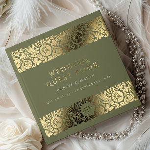 Elegant Olive Green & Gold Floral Wedding Guest Book