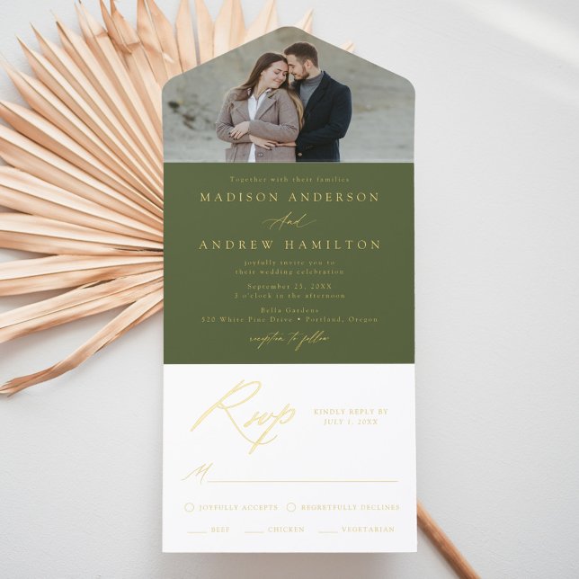 Elegant Olive Green Gold Foil Calligraphy Wedding All In One Invitation (Creator Uploaded)