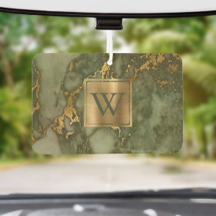 Elegant Olive Green Gold Marble Monogram Car Air Freshener