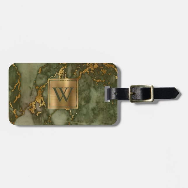 Elegant Olive Green Gold Marble Monogram Luggage Tag (Front Horizontal)