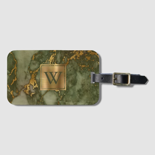 Elegant Olive Green Gold Marble Monogram Luggage Tag (Front Horizontal)