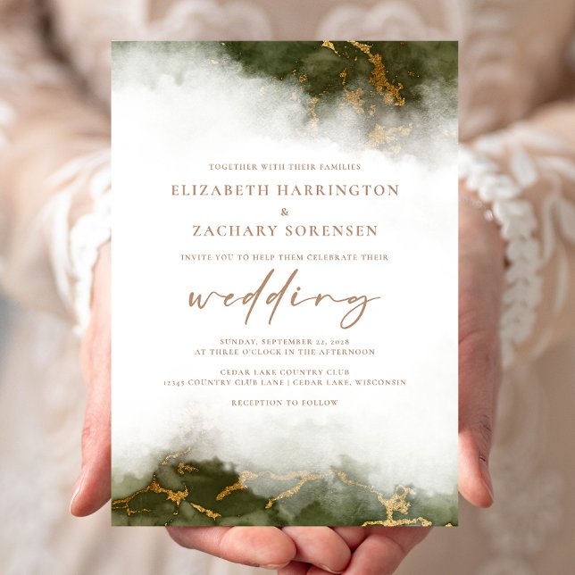 Elegant Olive Green Gold Marble Wedding Invitation (Creator Uploaded)