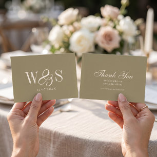 Elegant Olive Green initial wedding couples Thank You Card