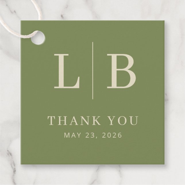 Elegant Olive Green Initials Favour Tags (Front)