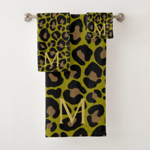 Elegant Olive Green Leopard Monogram  Bath Towel Set