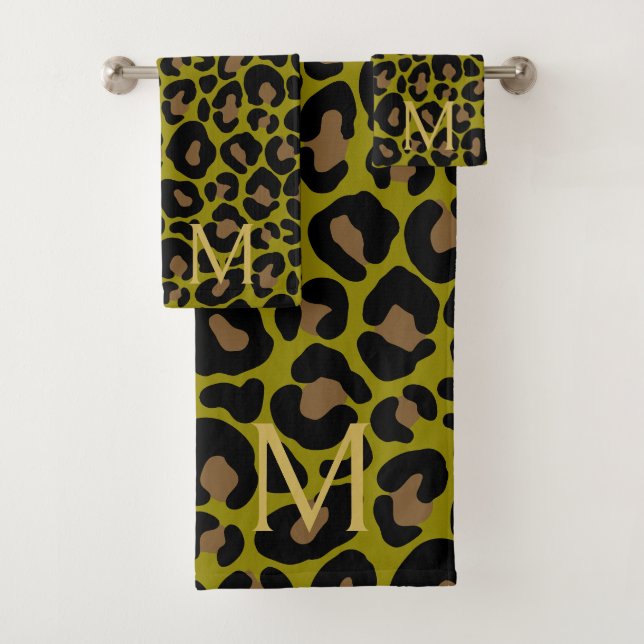 Elegant Olive Green Leopard Monogram  Bath Towel Set (Insitu)