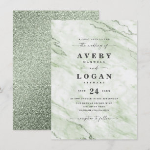 Elegant Olive Green Marble & Glitter Wedding Invitation