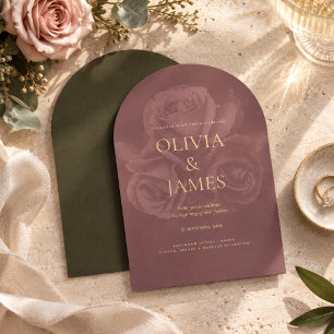 Elegant Olive Green & Mauve Floral Wedding Invitation