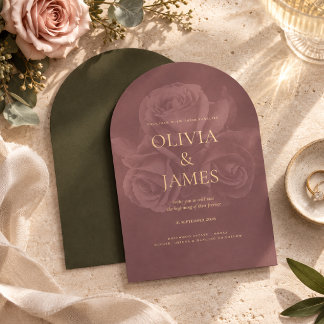 Elegant Olive Green & Mauve Floral Wedding Invitation