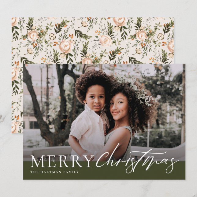 Elegant Olive Green Merry Christmas Floral Photo Holiday Card (Front/Back)