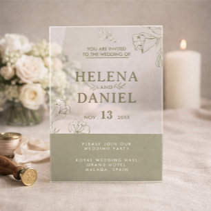 Elegant Olive Green Minimalist Floral Wedding Acrylic Invitations