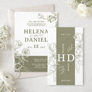 Elegant Olive Green Minimalist Floral Wedding Invitation