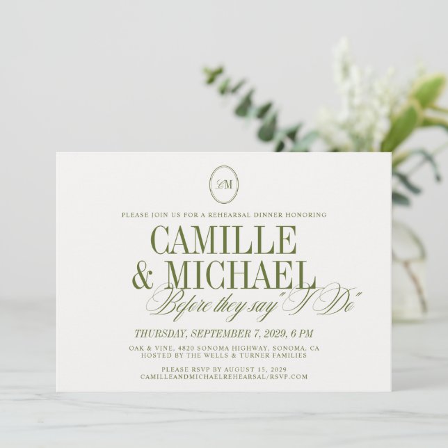 Elegant Olive Green Monogram Rehearsal Dinner Invitation (Standing Front)