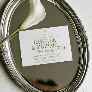 Elegant Olive Green Monogram Rehearsal Dinner Invitation