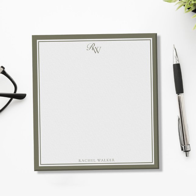Elegant Olive Green Monogram Two Border Notepad (Creator Uploaded)
