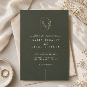 Elegant Olive Green Monogram Wedding Invitation